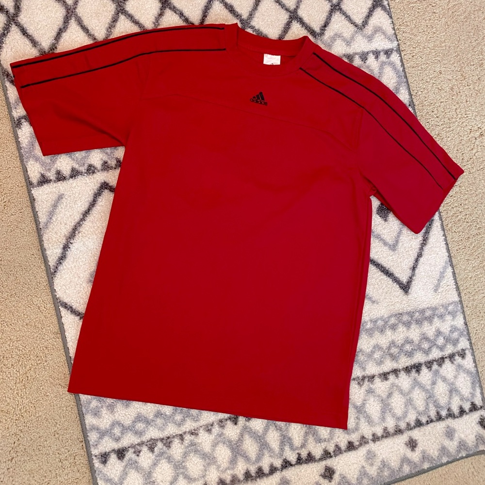 Mens Adidas shirt, red, short sleeve, black stripe detail, Climalite. Sz small